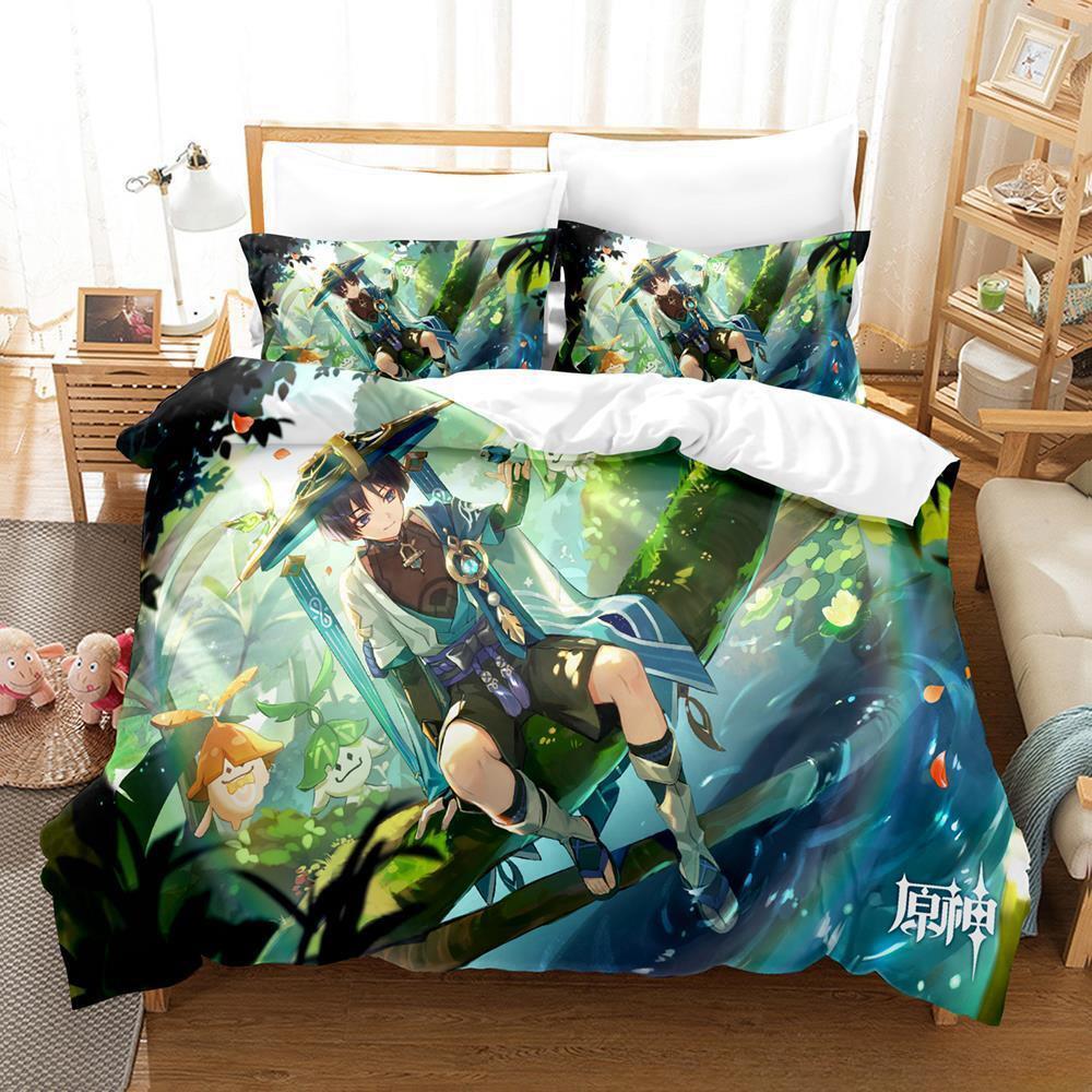 Anime Game Genshin Impact Scaramouche Bedding Set Cartoon Anime Three-piece Set Adult Kid Bedroom Duvet Cover Sets Home Textiles