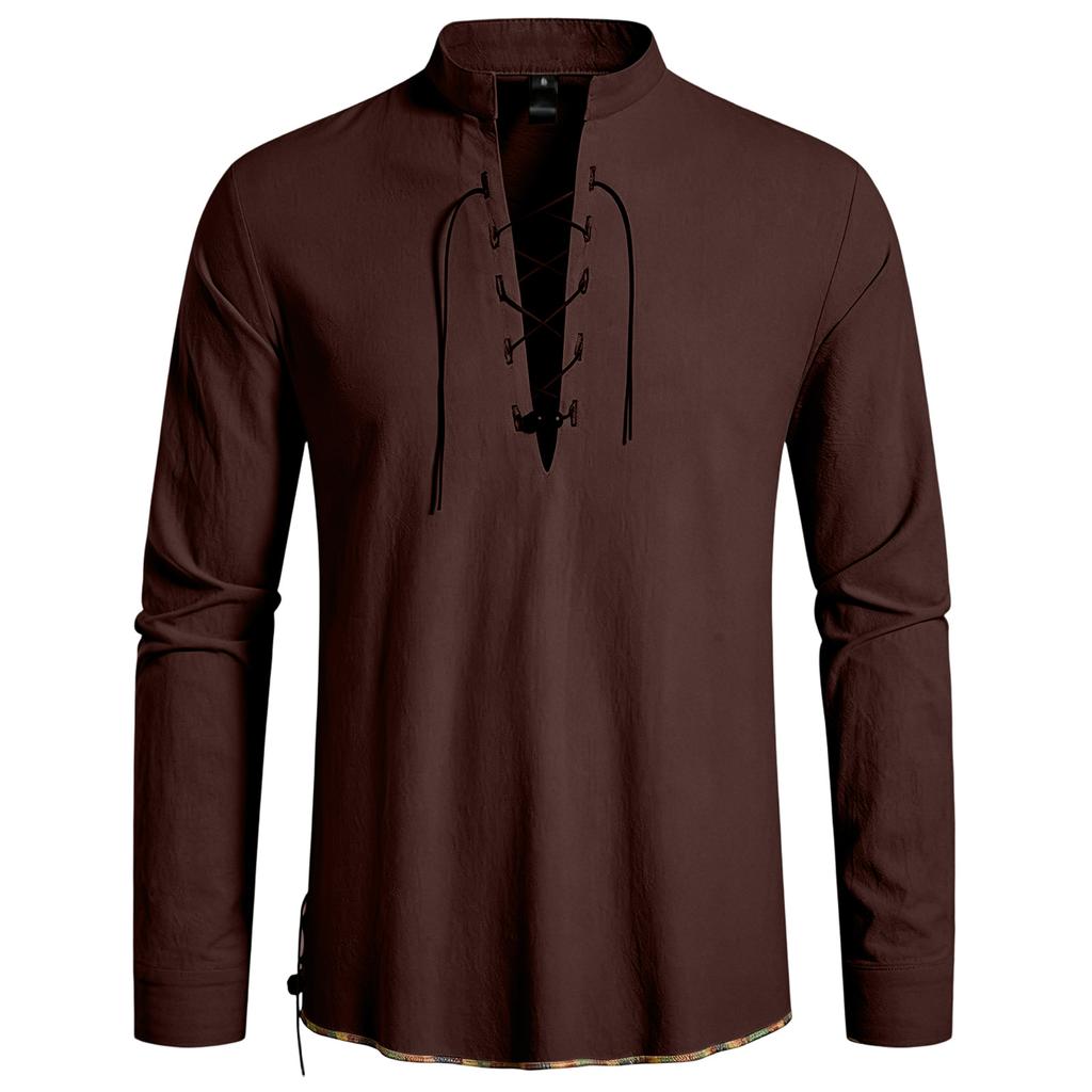 Men's Casual Hippie Style Drawstring Collar Long Sleeve Shirt Cotton Linen Blend Lightweight Comfortable Top for Everyday Wear