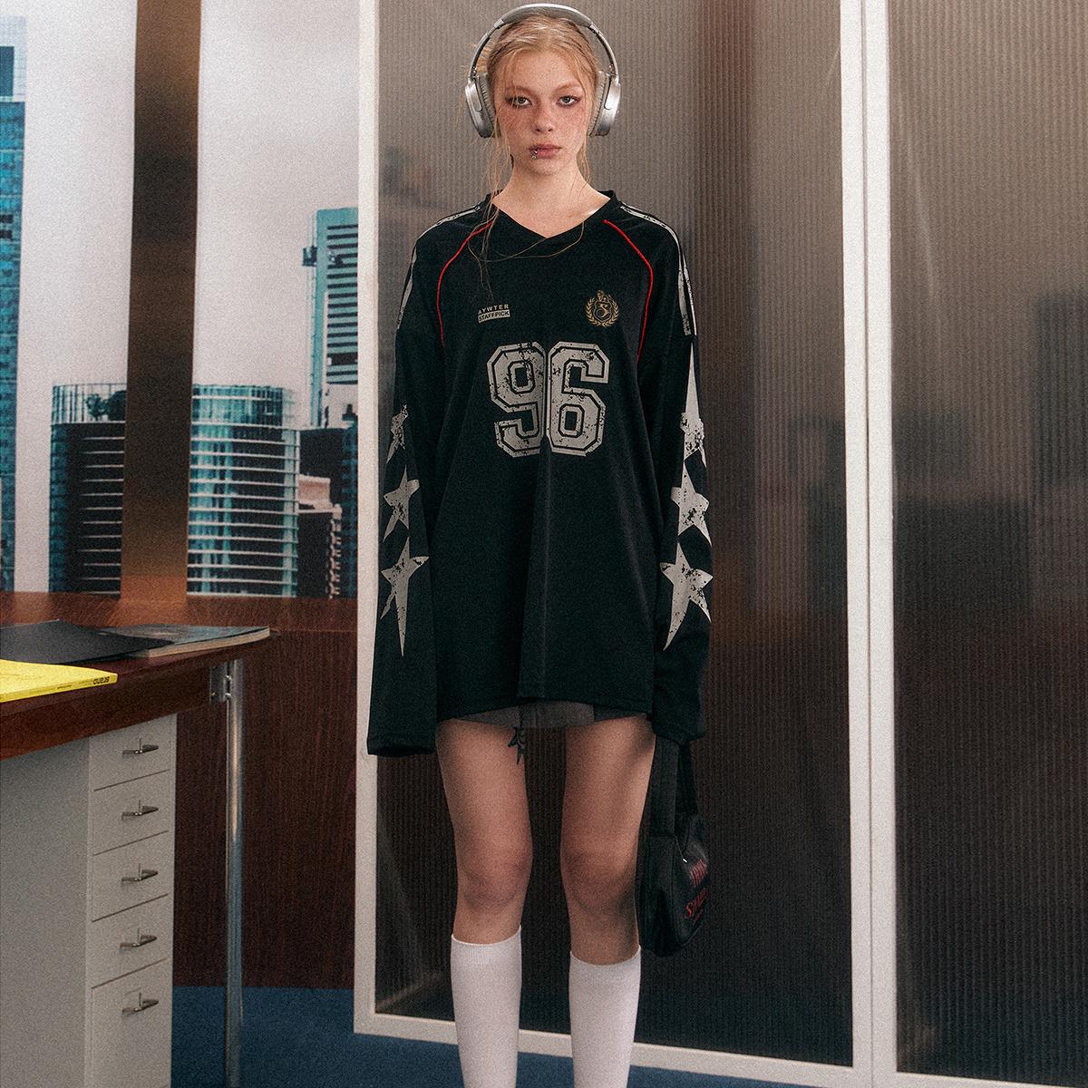 

Star Print Retro Patchwork V-Neck Sweatshirt: Oversized Long Sleeve Jersey Top XL
