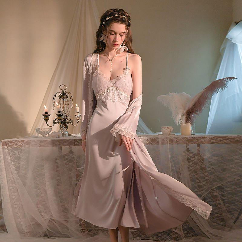 [Gentle Sweet Peach] French Style Purple Sling Nightdress Long Ankle Long Dress Split Ice Silk Pajamas With Chest Pad Women