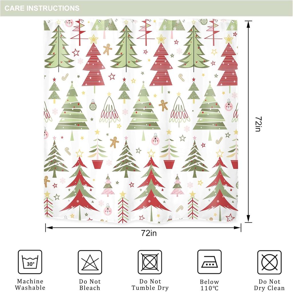 Christmas Shower Curtain For Bathroom Decor New Year Holiday Xmas Winter Gingerbread Colorful Green Red Pine Tree Art Printed