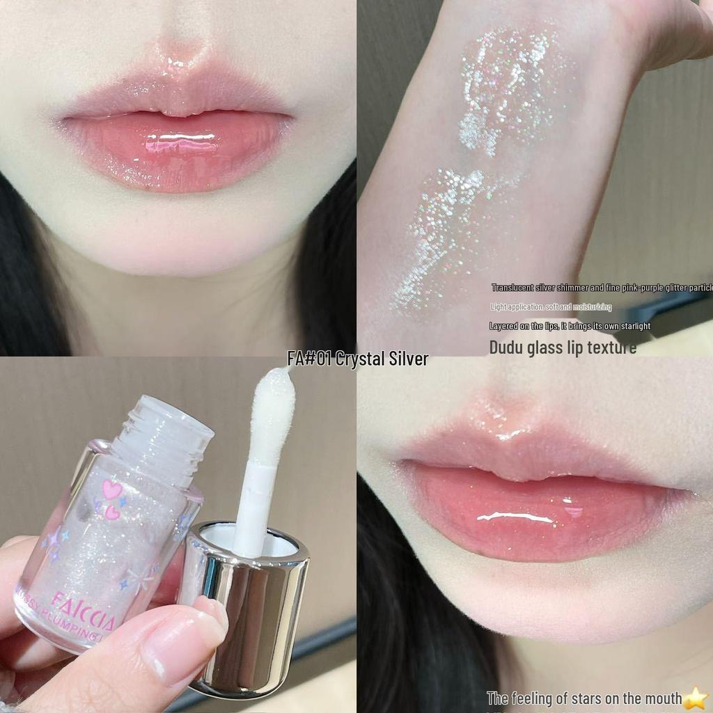 FAICCIA Clear Hydrating Glass Lips Lip Gloss - Silver Cap, Chubby, Watery Mirror Finish, Fine Shimmer, Translucent Faux Nude