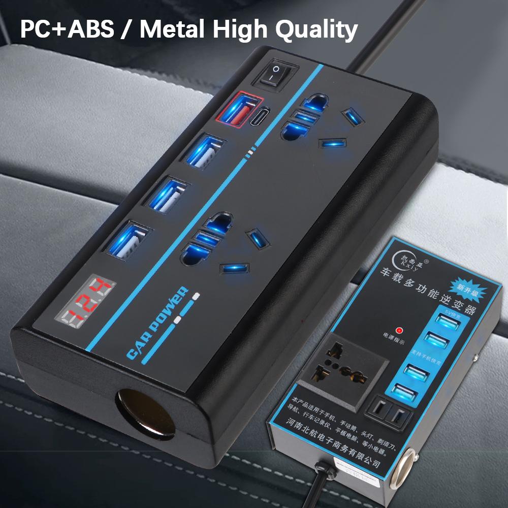 Outlets EU/US Plug DC 12V/24V to AC 110V/220V Converter ON/OFF Switch 200W 8 Ports Sockets QC 3.0 USB/PD/Type-C Chargers Car Inverter Power Adapter