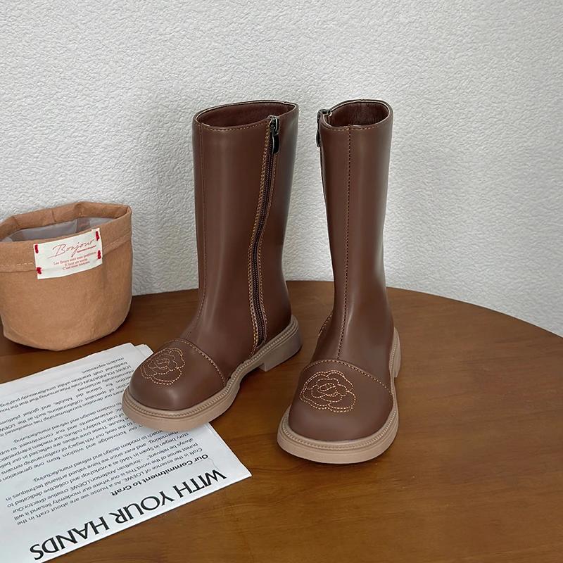 2024 Children High Boots for Girls Autumn New Fashion British Style Soft Bottom Anti-slippery Versatile Versatile Leather Shoes