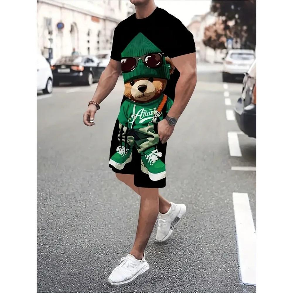 Summer Men Hip Hop Style Printed Men's Crew Neck T-shirt Shorts Set  Fashionable Cartoon Print Street Casual Everything