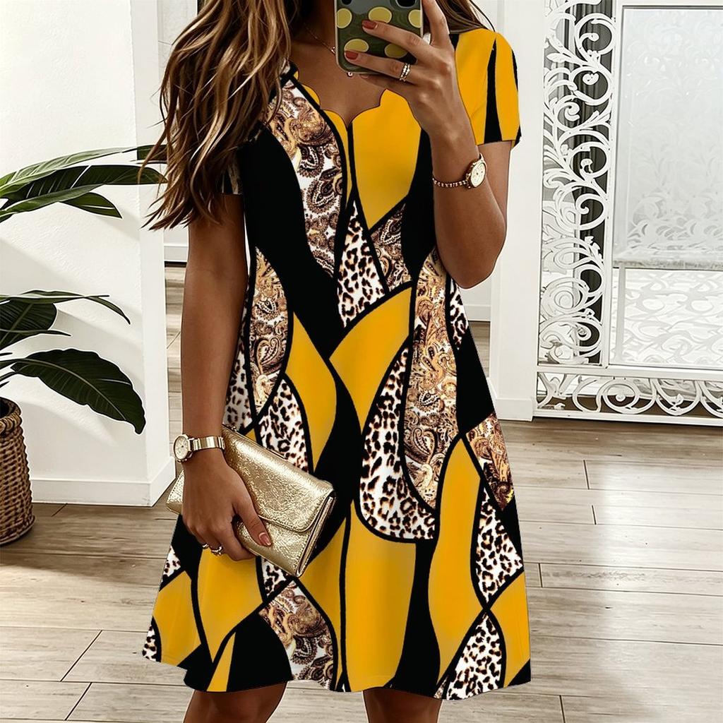 Ladies Oversized V Neck Short Sleeve Dress Tribal Foliage Printed Flowy Dress For Country Tour And Daily Hangout