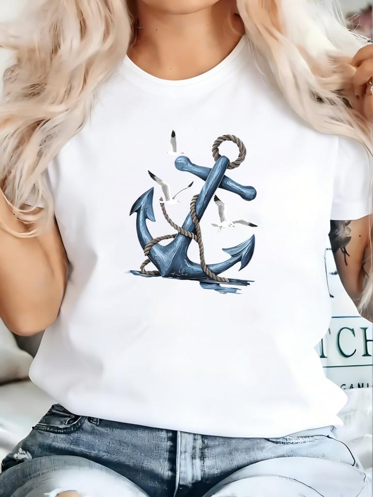 Elegant Women Summer Casual Short-Sleeved Tops Seaside Anchor Graphic Print Daily Outdoor Wear Round Neck Tees Women's Clothing