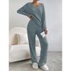 Women's Loose Knit Loungewear Set Long Sleeve V Neck Top Elastic Waist Wide Leg Pants