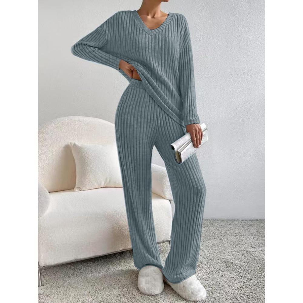 Women's Loose Knit Loungewear Set Long Sleeve V Neck Top Elastic Waist Wide Leg Pants