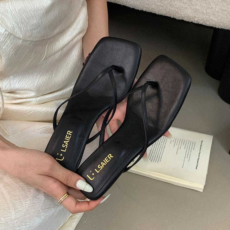 Fashion Fashion Square Toe Ladies Medium Heels Slippers Shoes Spring Summer Female Flip flops Slides Sandals Women Heeled Slippers Pumps