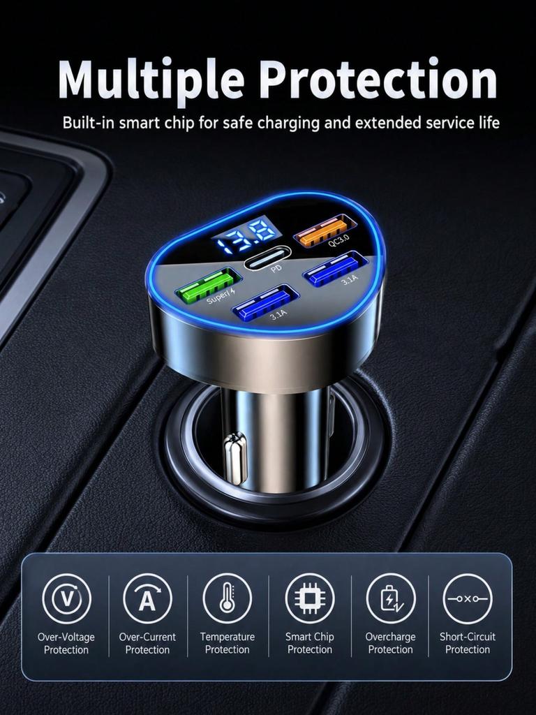 5-Port Car Charger PD+QC3.0 Fast Charger with Voltmeter USB-C Cigarette Lighter Adapter for iPhone 13 14 15 Android Phones