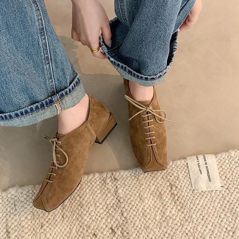 Fashion Genuine Leather Lace Up Women Square Toe Cross Tied Low Heels Leather Pumps Ladies Casual Autumn Shoes 2025 New High Heels Women