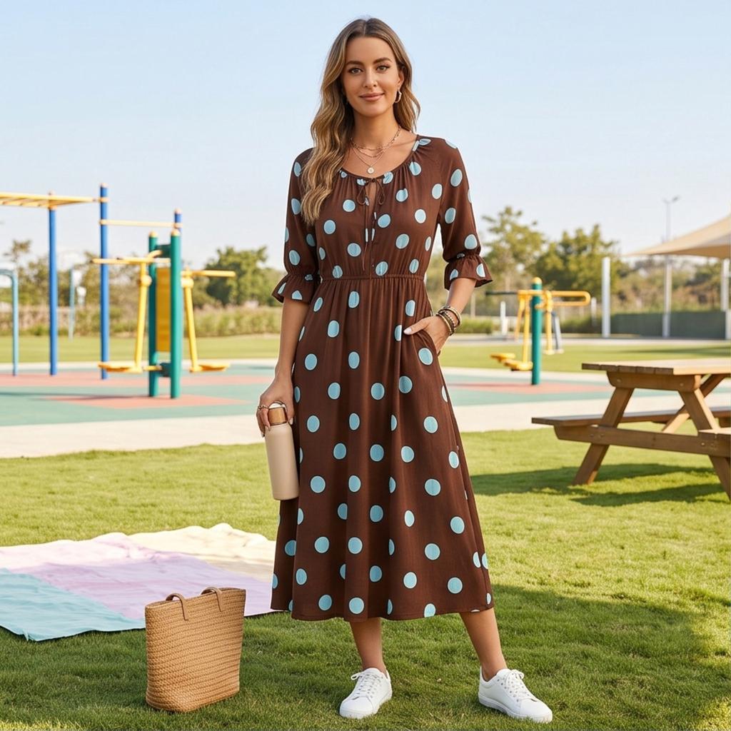 Damen Polka Dot Print Schmeichelhaftes Taillenbetonendes Midi-Kleid für Urlaub und Resort