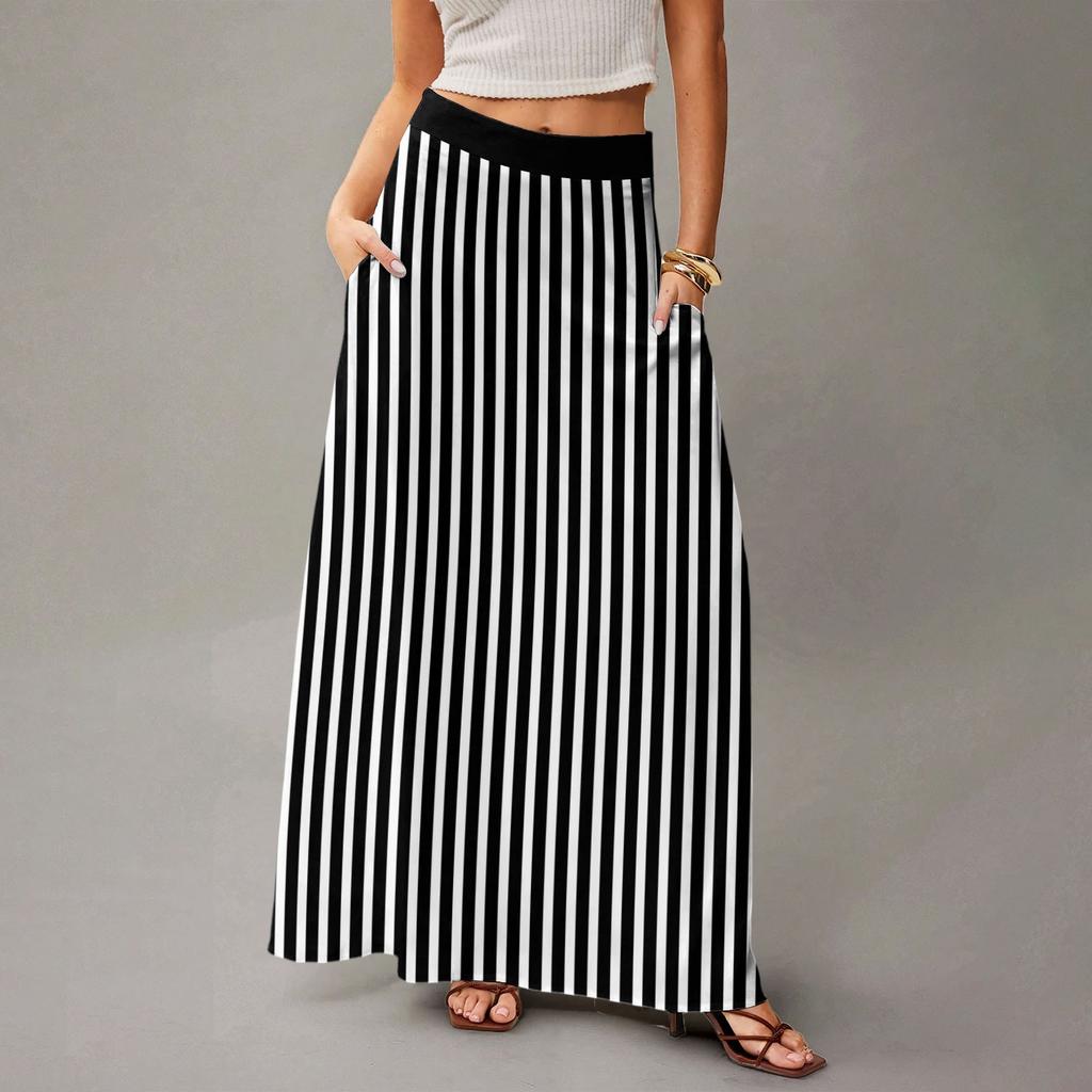Women's Casual Leisure Foldable Striped Plaid Print High Waist With Pocket Draped  Relaxed Long Maxi Skirt