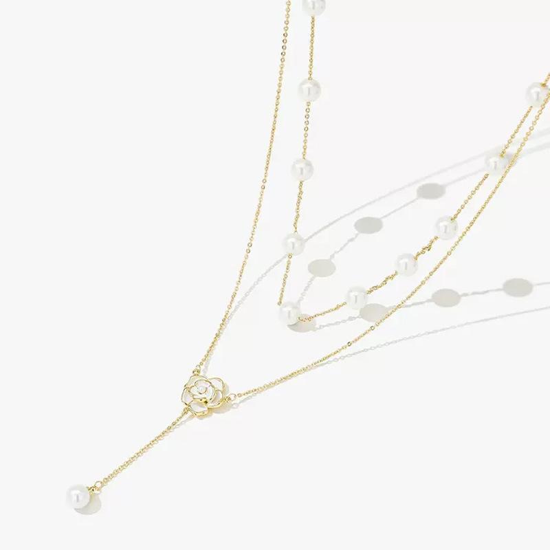 Camellia Double-layered Pearl Necklace Light Luxury Niche Temperament Neck Chain Collarbone Chain Sweater Chain
