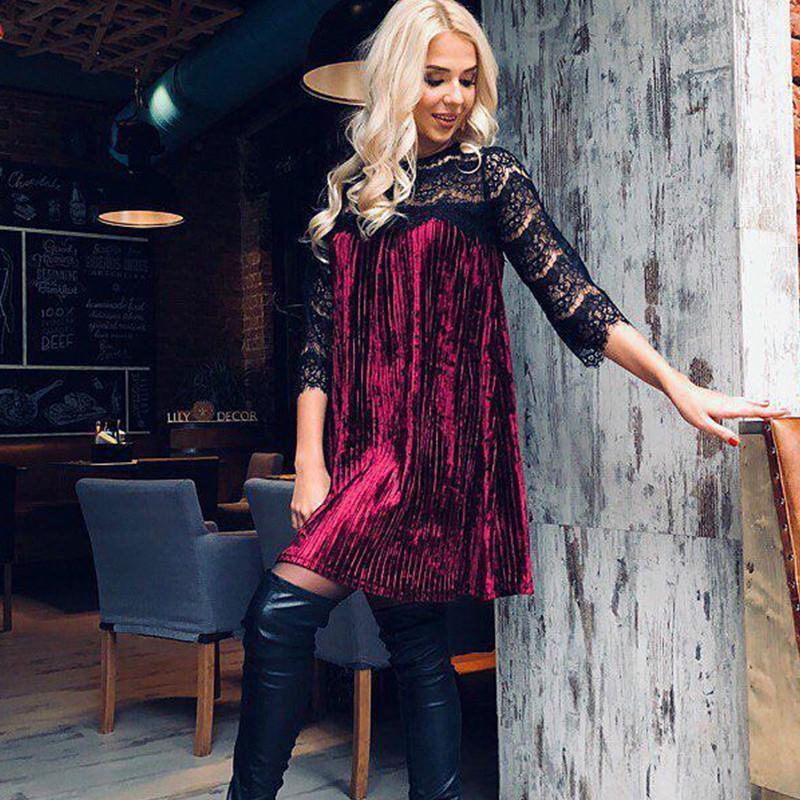 Elegant Women's Fashion Sexy Bodycon Lace Stitching Pleated Solid Color Midi Dress For Any Occasion