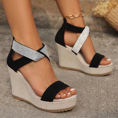Women's Sandals 2026 Summer New Thick Bottom Cross Slope Heel Large Diamond Fish Mouth European and American High Heel Sandals