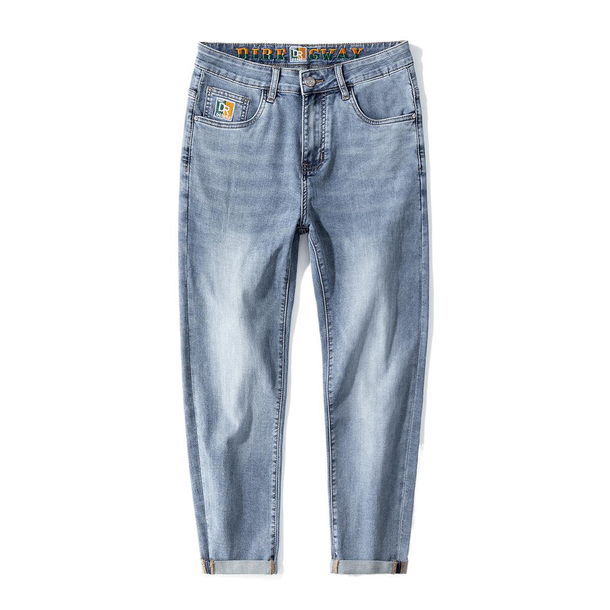 Fable Men's Blue New Spring And Summer Colorful Color-Blocking Embroidered Fitting Small Feet Nine-Point Jeans Casual Cm