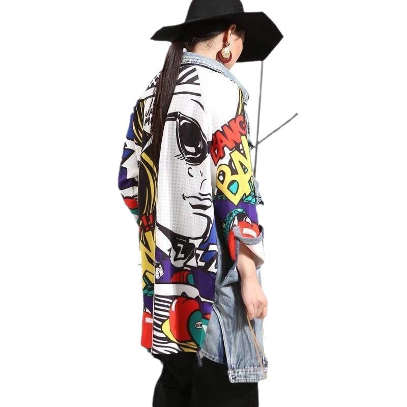 New Women's Denim Trench Coat Fashion Abstract Creative Pattern Splicing Loose Washing Denim Jacket