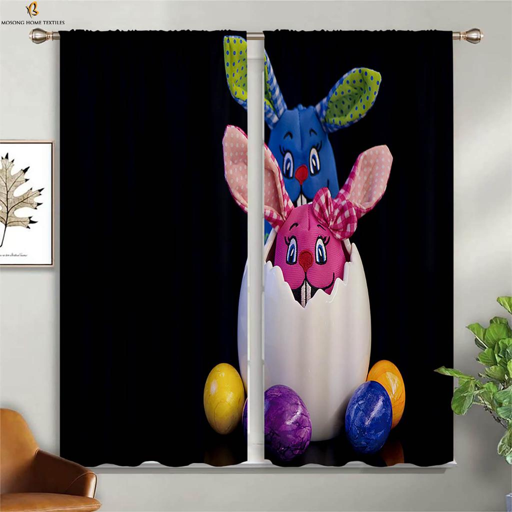 Set Of 2 Cute Cartoon Rabbit Colored Eggs Easter Print Curtain Bedroom Living Room Children Decorative Curtains Made Polyester Great Window Treatment