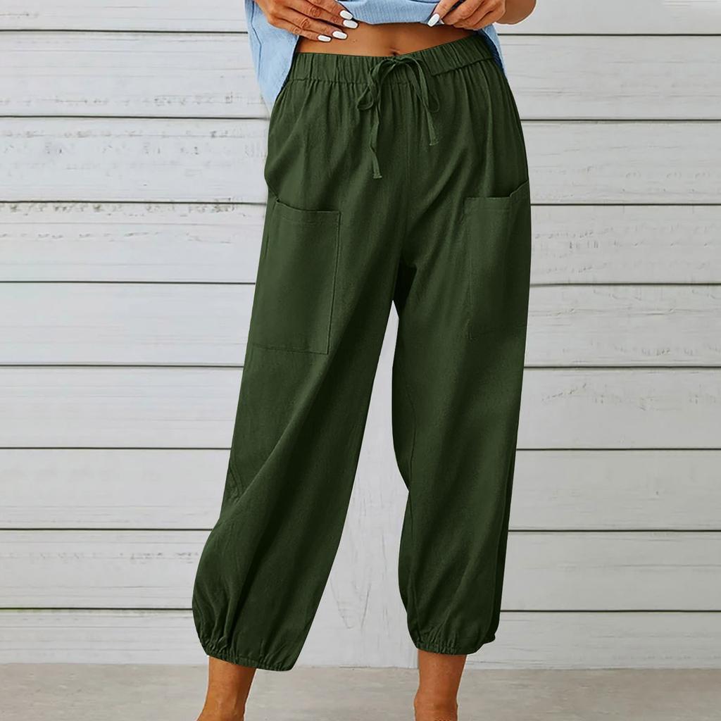 Women's Fashionable Color Cotton Linen Elastic Waist Decorative Casual Pants With Pockets