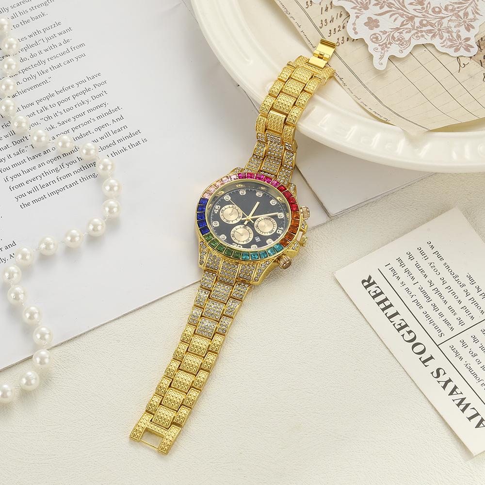 Wristwatch for Men Colour Rhinestone Calendar Quartz Watch Hip Hop Clock