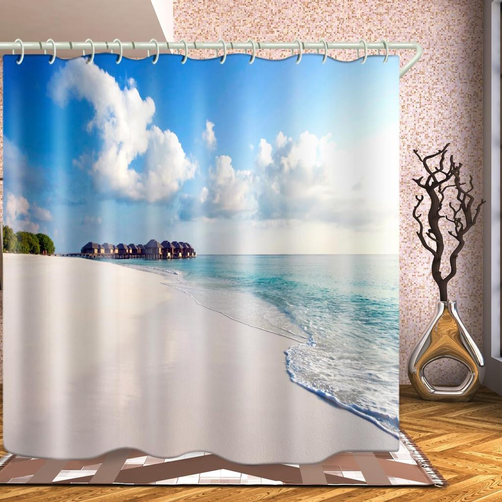 3D Coastal Heart-Shaped Rock Decorative Shower Curtain, Fabric Bathtub Curtain With 12 Shower Curtain Hook, Waterproof