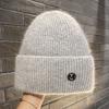 Knit Beanie Hat Rabbit Hair Blend Metal Letter M Label Warm Ear Protection Winter Autumn Trendy Skullcap Women
