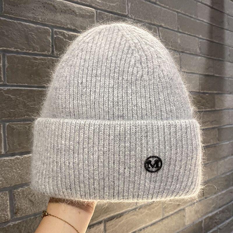 Knit Beanie Hat Rabbit Hair Blend Metal Letter M Label Warm Ear Protection Winter Autumn Trendy Skullcap Women