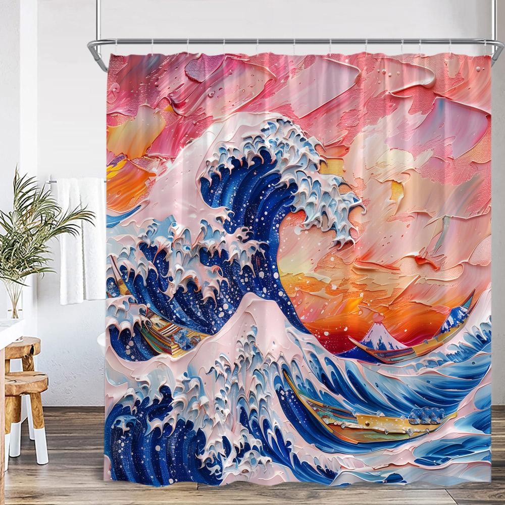 

Японская шторка для душа Кои Волны Красное солнце Сакура Благословение Удача Декор для ванной комнаты Классическая полиэстеровая шторка для ванны с крючком 90x180cm-35x70in