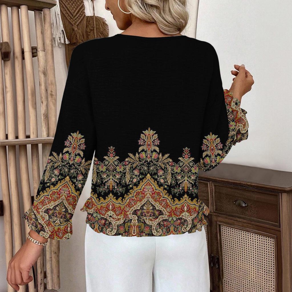 Women's Casual Fashion Ruffle V-Neck Pocket Retro Print Long Sleeve Top