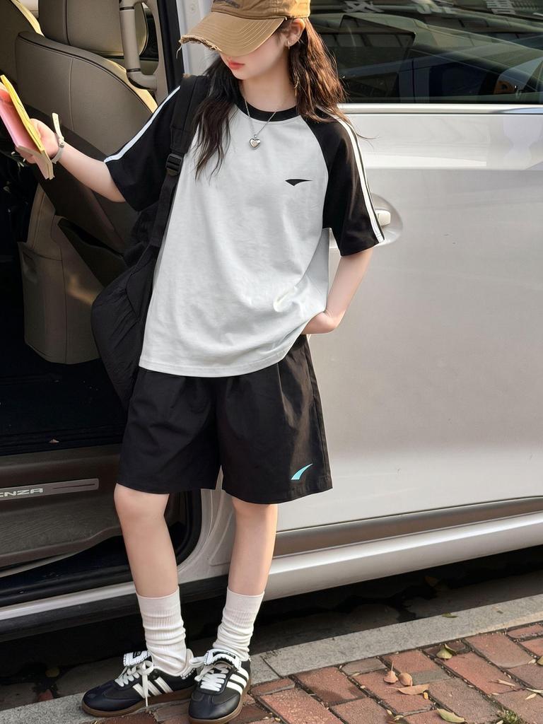 Girls' Patchwork Short-Sleeve T-Shirt & Shorts Set 2026 - New Style for Ages 8-14 Daily Wear