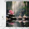 Zen Shower Curtain Spa Lotus Black Stone and Candles Bamboo Water Lily Japanese Style Relax Nature Home Fabric Bathroom Decor