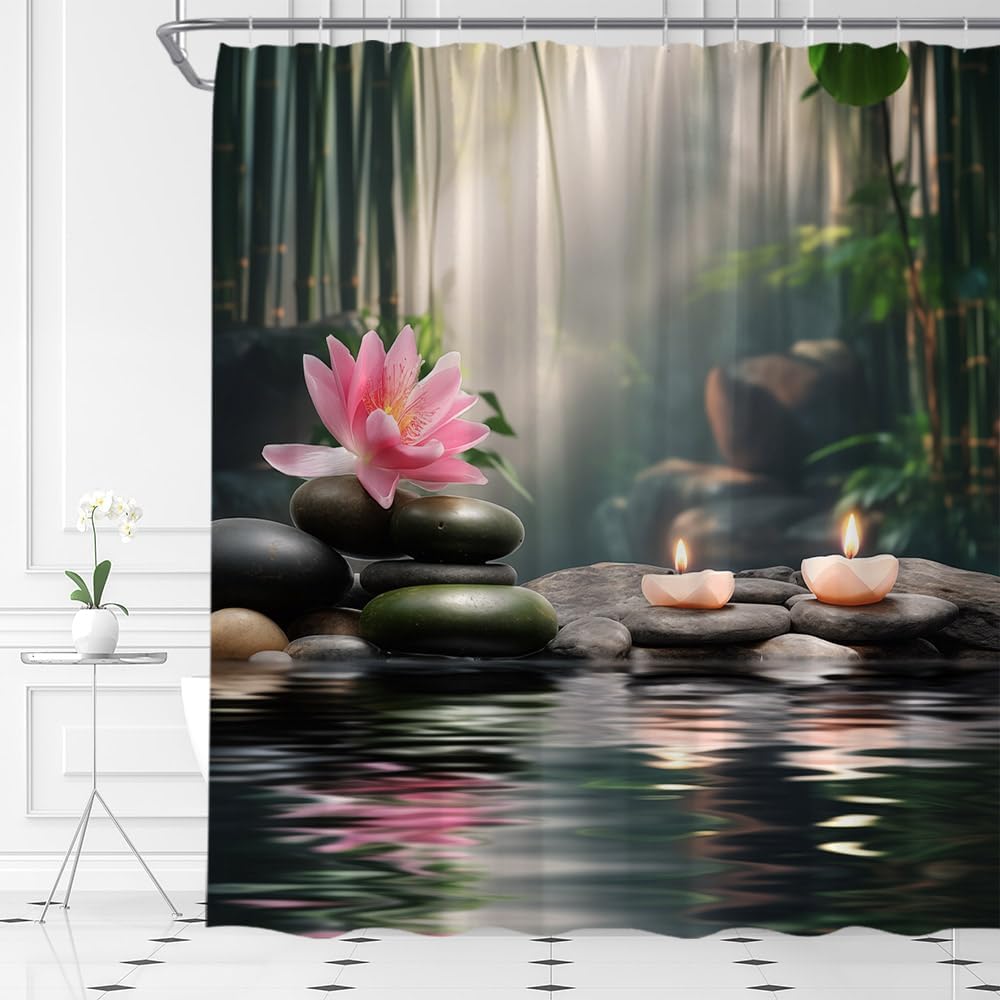 Zen Shower Curtain Spa Lotus Black Stone and Candles Bamboo Water Lily Japanese Style Relax Nature Home Fabric Bathroom Decor