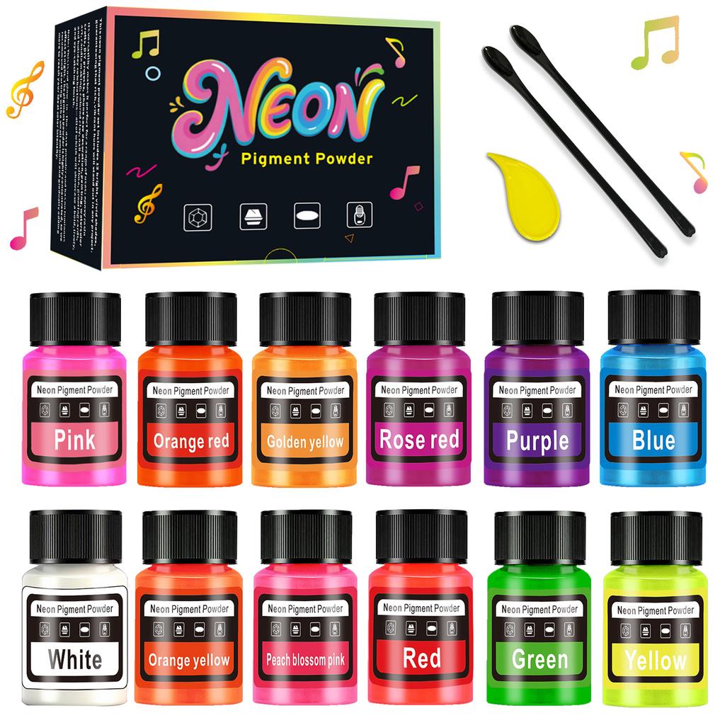 12-Color Neon Fluorescent Powder Kit 20ml Oil Water Dual-Use for DIY Resin Crafts Printing Art Pigments