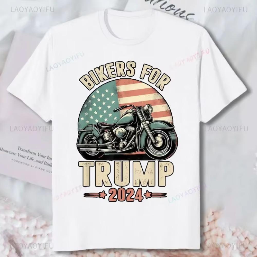 Bikers for Trump 2024 Motorcycle US American Flag Patriotic T-Shirt Fashion Man Women Short-sleev T Shirt 100% Cotton Unisex Tee