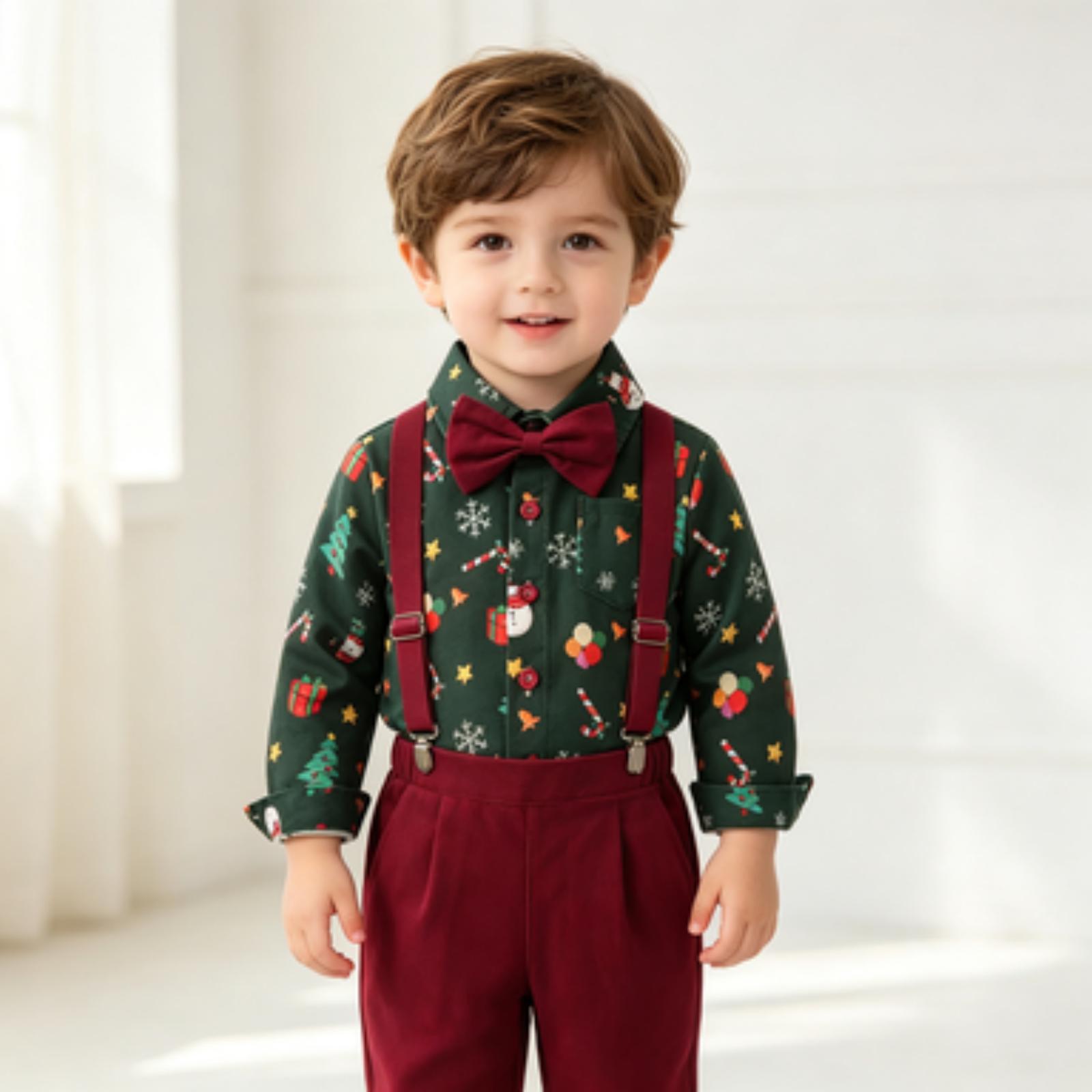 Weihnachts-Gentleman-Outfit - Langärmeliges Karopulli mit grüner Hosenträgerhose für Jungen 100 weinrot