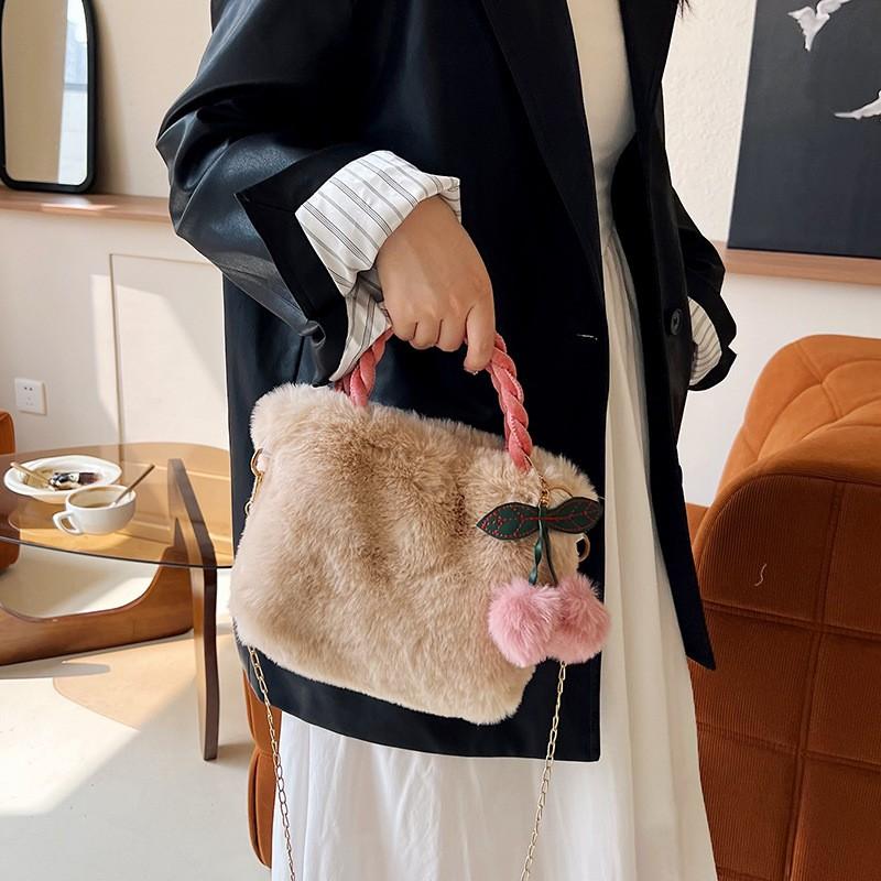 Luxury Faux Fur Bag Women's Plush Woven Handle Handbag Thin Chain Shoulder Bag With Cherry Pendant Magnetic Buckle Crossbody Bag