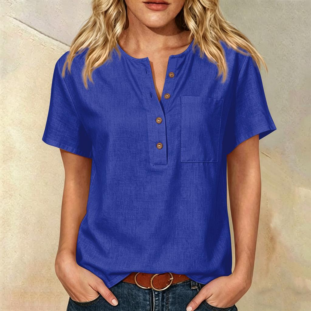 Women Henley Button Neck Short Sleeve Cotton Linen Shirt with Chest Pocket Relaxed Fit Casual Top for Everyday Wear