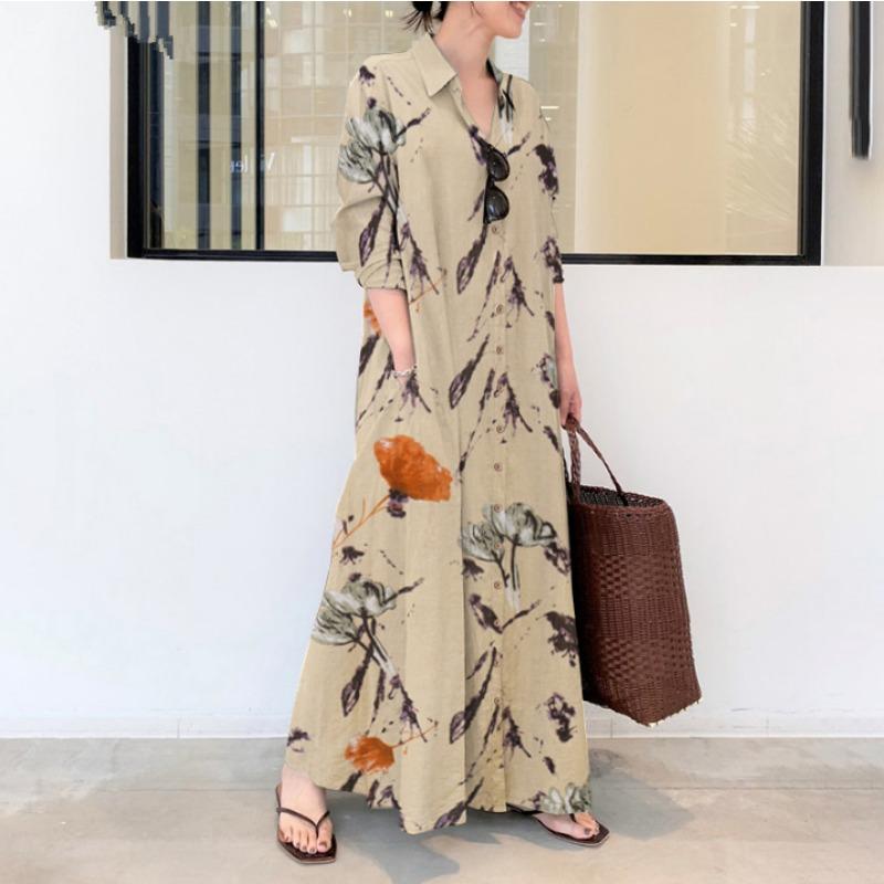 Colorful Lapel Long Sleeved Pocket Simple Loose Casual Long Cardigan Dress
