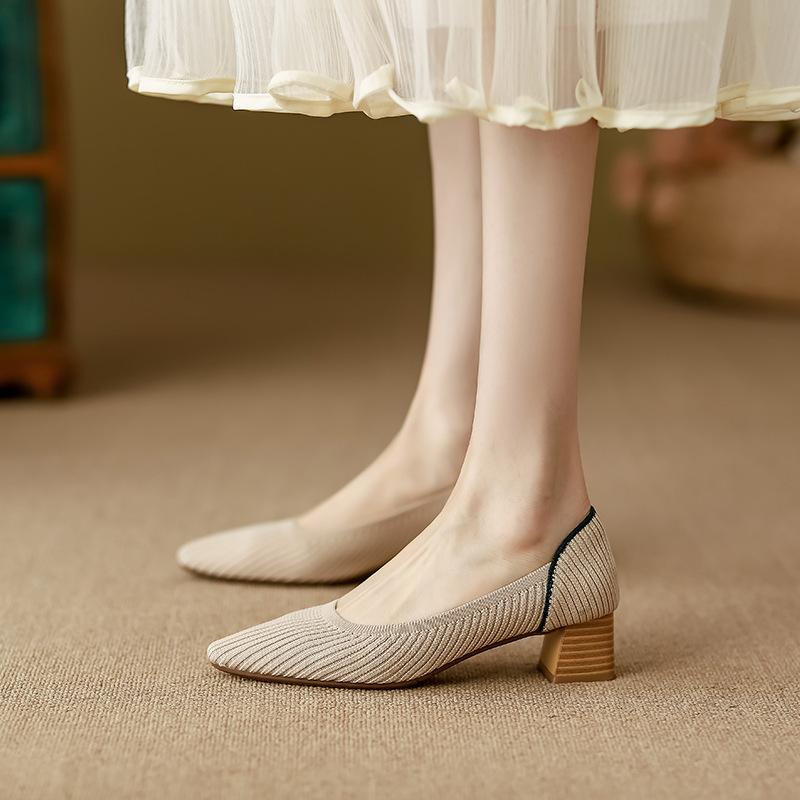 

Small square head thick heel wood grain straight stripe breathable knitted shoes soft sole one pedal lazy casual knitted shoes 34