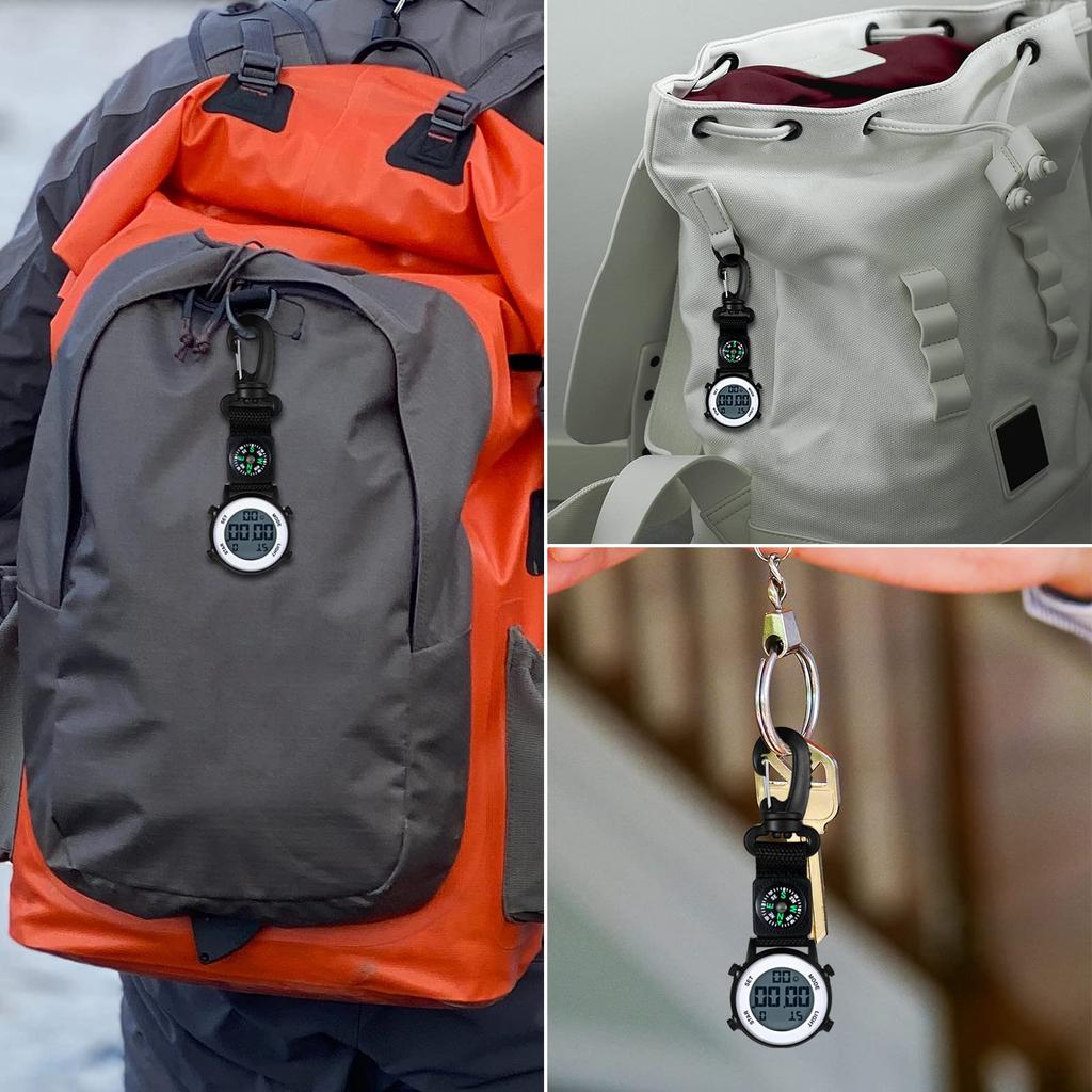 Clip Watch Digital Keychain Carabiner Watch Day Calendar Alarm Clock Compass LED Pocket Watch Nurse Watch 3ATM Waterproof Outdoor Fashion Accessory