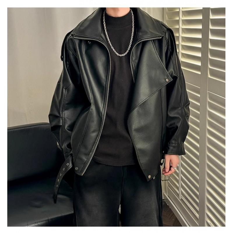 Mens Vintage PU Leather Jacket Double Lapel Casual Biker Style Loose Fit Short Length Young Adults