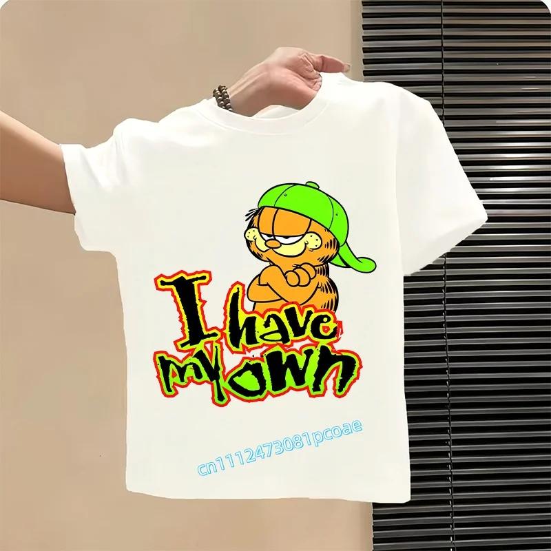 boys' sports shirt, girls' casual top with cartoon print, summer T-shirt Garfield's new children's pure polyester short-sleeved