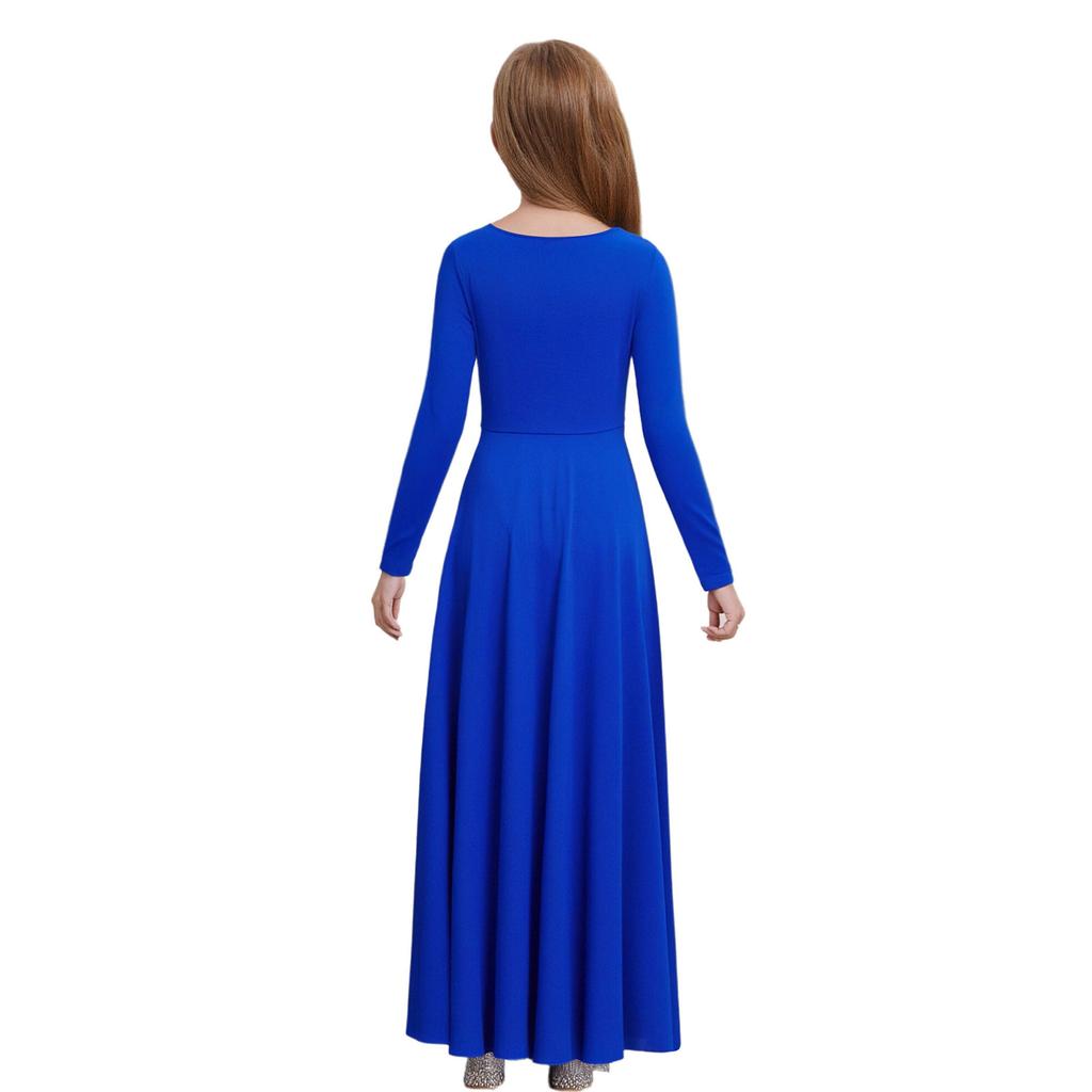 Disfraz de Danza Adoración para Niñas Vestido Maxi de Línea A de Manga Larga y Cuello Redondo Traje de Coro con Pedrería Brillante