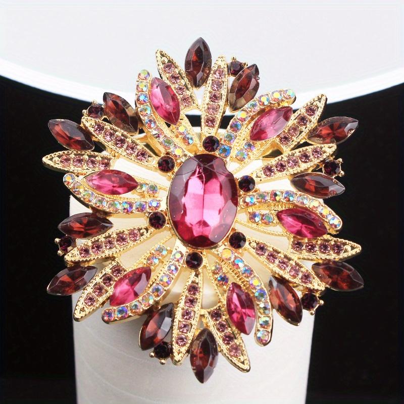 Vintage Floral Crystal Brooch, Gold-Tone Red Purple Rhinestone Design, Women s Statement Fashion Accessory for Wedding Gift