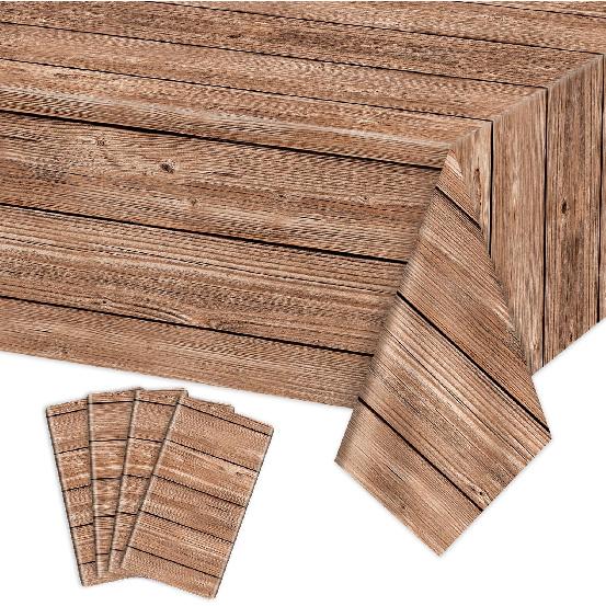4Pcs Wood Tablecloth, Light Brown Grain Table Covers, Rectangular Table Decoration for Western Barn Themed Barbecue Party Decorations, 51 X 86.6 Inch