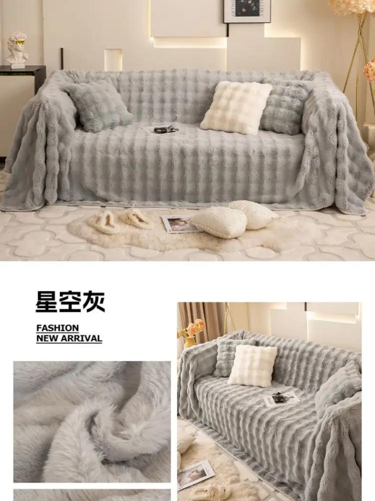 Rabbit Plush Large Sofa Anti Slip Cover Cloth Thick Winter All Inclusive Sofa Cushion Anti Cat Scratch Universal Cover Blanket