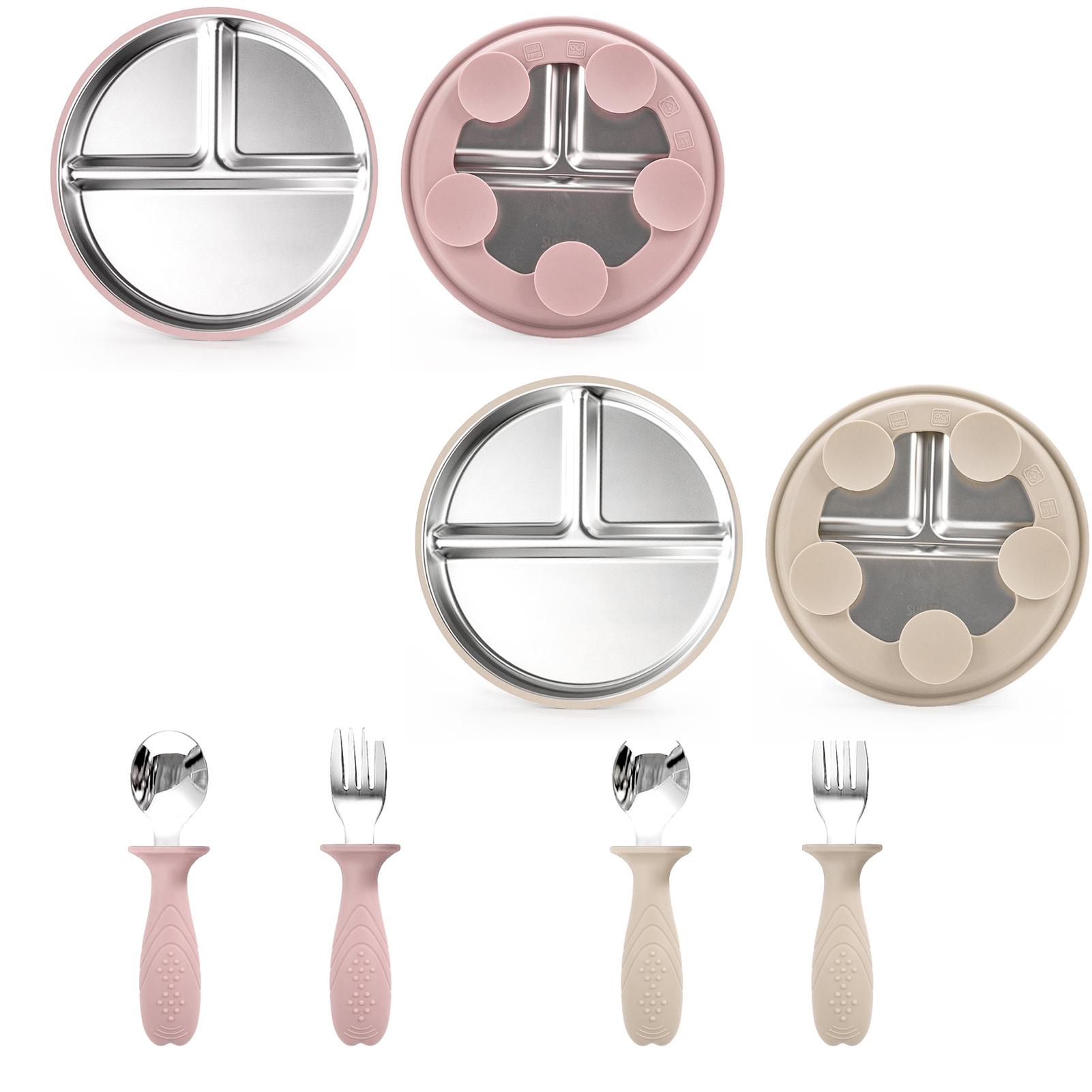 2SET Baby Meal Set Silicone Suction Cup Baby Dining Plate Divided Design 304 Stainless Steel Childrens Meal Training Cutlery
