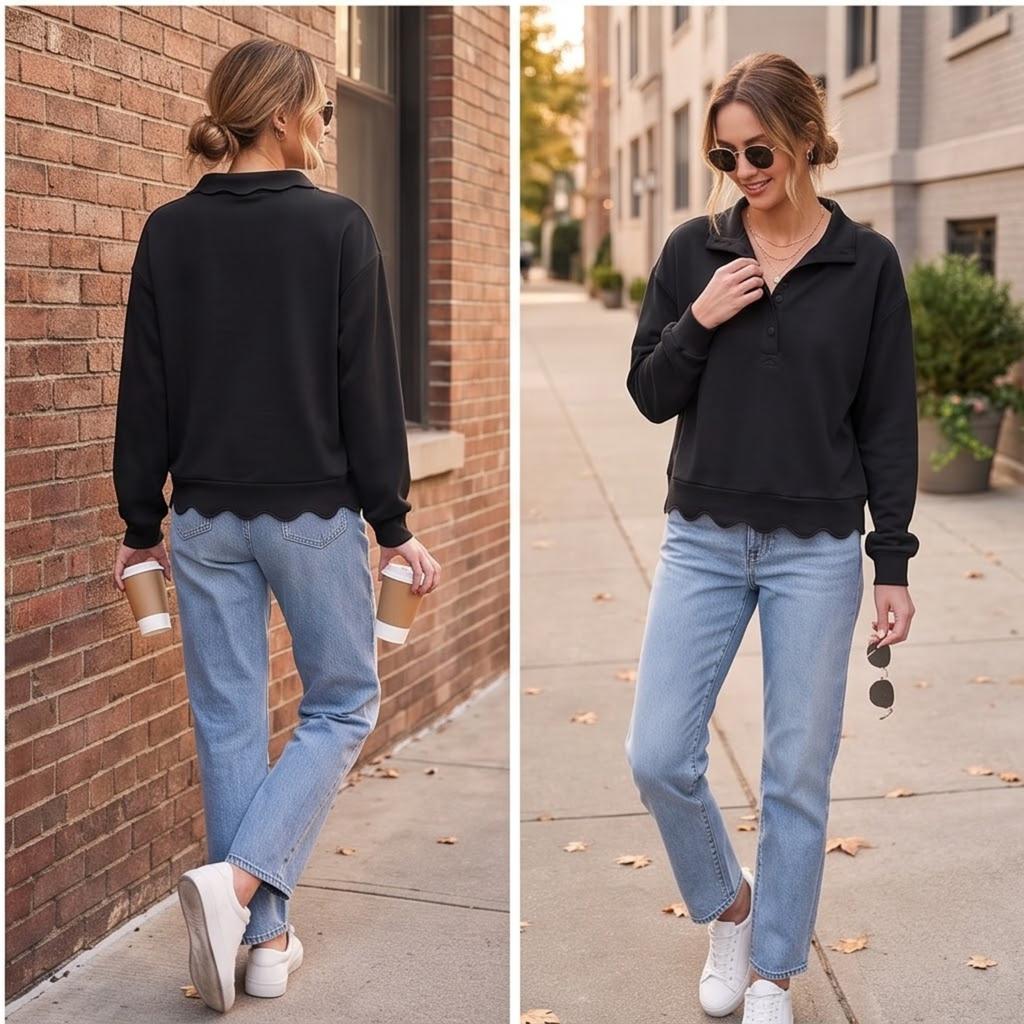 Women's Neck Sweatshirt Pullover Top with Scalloped Hem for Casual Everyday Wear